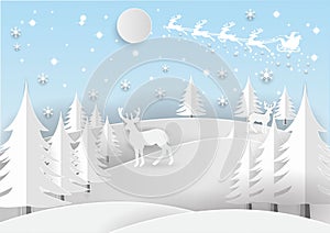 Illustration of Santa Claus on the sky with snowflake, deer and tree, paper art and craft style