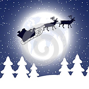 Illustration of Santa with elks on the sky with the Earth during a snowfall on the background