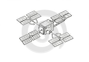 Illustration of a satellite in space with four solar panel arrays extending from a central