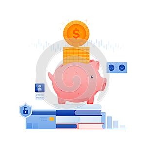 illustration of saving and investing for education preparation is illustrated by piles of coins in a piggy bank