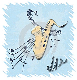 Illustration of saxophone and musical notes on stave, grunge background and texture.