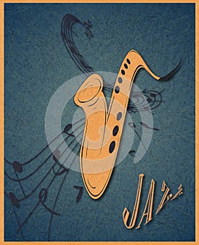 Illustration of saxophone and musical notes on stave, grunge background and texture.