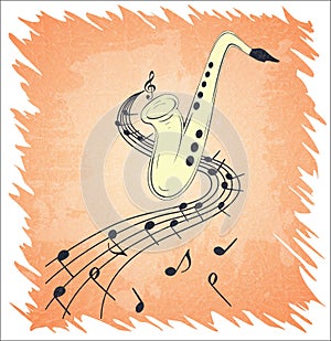 Illustration of saxophone and musical notes on stave, grunge background and texture.