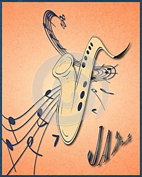 Illustration of saxophone and musical notes on stave, grunge background and texture.