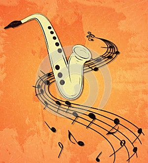 Illustration of saxophone and musical notes on stave, grunge background and texture.