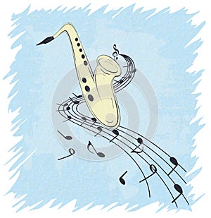 Illustration of saxophone and musical notes on stave, grunge background and texture.