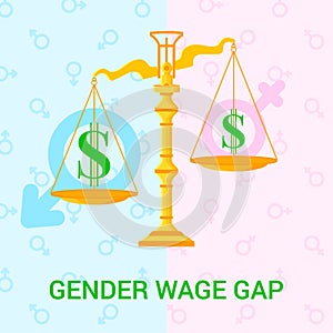 Illustration with scales, dollar icons and background with male and female signs.