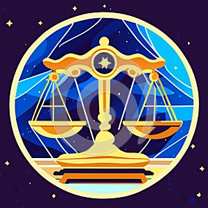 Illustration of scales of justice in the circle. Vector illustration in flat style. AI generated