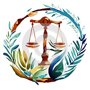 Illustration of the scales of justice with leaves in a circle. AI Generated