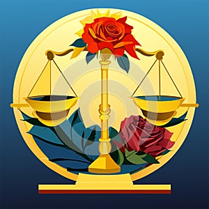 Illustration of the scales of justice with a rose on a blue background Generative AI