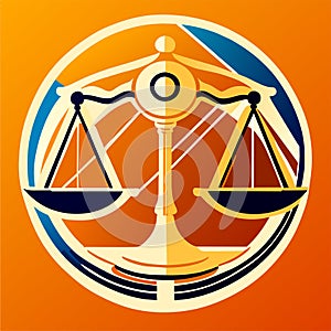 Illustration of scales of justice symbol in circle on orange background. Generative AI