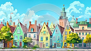 An illustration of a Scandinavian street with traditional architecture. Detailed modern illustration of contemporary