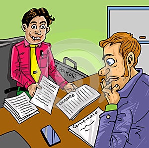 Illustration of scared young man attended interview photo