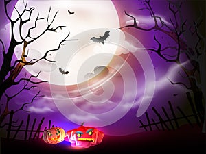 Illustration of scary pumpkins and flying bats on full moon purple forest night view.