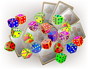 Illustration of scattered dices and cards.