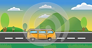 Illustration of scenery on a road trip on a cloudy evening mountain van yellow