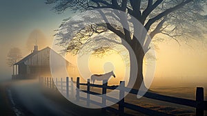 An Illustration of scenic farm landscape caught in morning mist, Humanly enhanced AI Generated image