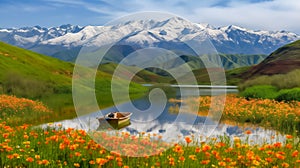 Illustration of Scenic landscape of flower meadows ,lake and mountains during spring time photo