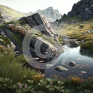 An illustration of scenic mountain landscape with water bodies
