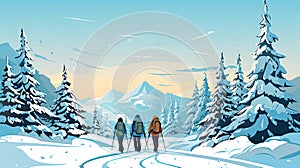 Illustration of scenic winter landscape with snow-covered fir spruce forest and snowy mountains in the background. Ecotourism