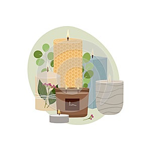 Illustration of scented burning candles. Beeswax, paraffin, soy, coconut wax candles in jar and pillar with greenery, abstract