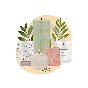 Illustration of scented burning candles. Beeswax, paraffin, soy, coconut wax candles in jar and pillar with greenery, abstract