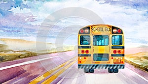 Illustration of school bus on aroad with dividing yellow stripes in valley