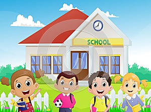 Illustration of School children in front of the school building