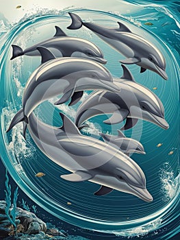 Illustration of a school of dolphins underwater