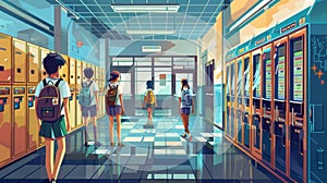 An illustration of a school hallway in contemporary style with lockers, vending machines, and doors to classrooms