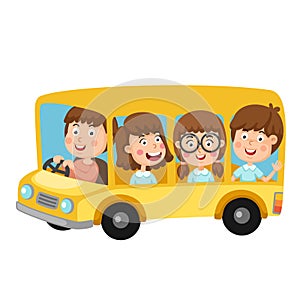 Illustration of school kids riding school bus transportation education