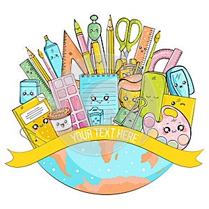 Illustration of school supplies in a Kawai style globe