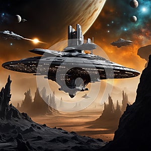 illustration of a sci-fi movie scene featuring a spaceship and a fleet of starships