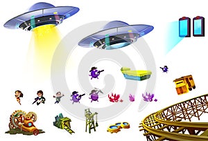 Illustration: Science Fiction Elements Set 5. UFO, Little Hero, Portal, Mine, Gem Cluster etc.