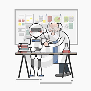 Illustration of scientist experimenting with the robot