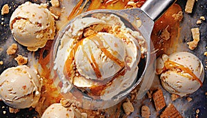 Illustration of a scoop of caramel ice cream, scooped out of the container with a spoon, topped with biscuit and caramel pieces.