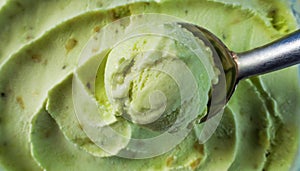 Illustration of a scoop of pistachio ice cream, scooped out of the container with a spoon. Top view. Generative ai