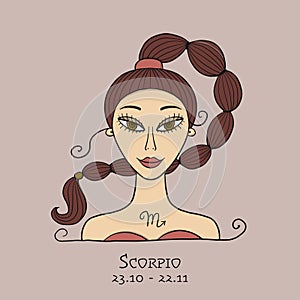 Illustration of Scorpio zodiac sign. Element of Water. Beautiful Girl Portrait. One of 12 Women in Collection For Your