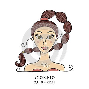 Illustration of Scorpio zodiac sign. Element of Water. Beautiful Girl Portrait. One of 12 Women in Collection For Your