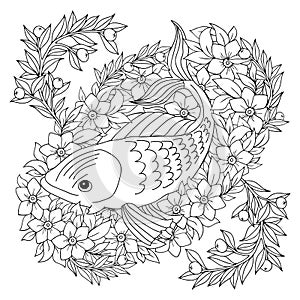 Illustration. Sea fish surrounded by flowers. Coloring book. Antistress for adults and children. The work was done in manual mode.