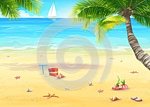 Illustration of the sea shore with palm trees, shells, bucket and rake photo