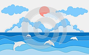 Illustration of sea view with dolphin and clouds. Paper cut and craft style. Summer background with paper waves and seacoast for b