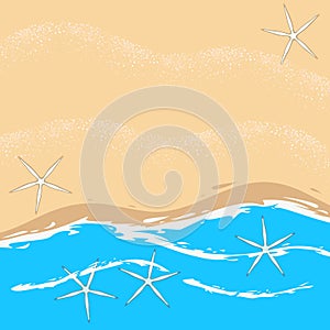 Illustration with sea, waves, beach and starfish.
