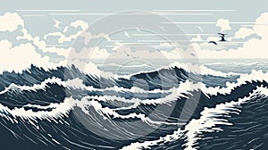 An illustration of a sea with waves and birds, AI