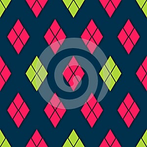 illustration of seamless diamond pattern with pink and green colors on a dark saturated blue background.