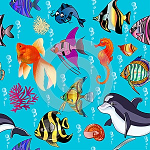 Illustration  seamless marine background with fishes, dolphins and shells