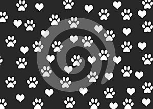 illustration seamless pattern abstraction white traces paws cat and love on black background.