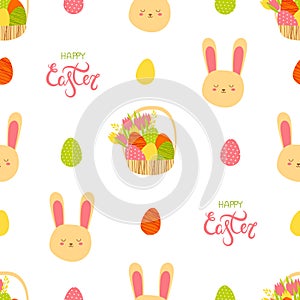 Illustration seamless pattern with basket with easter eggs and tulips, rabbit head, happy easter lettering