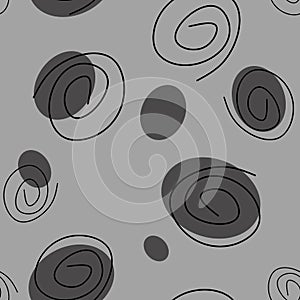 Illustration. Seamless pattern. Black spirals of different sizes and grey circles on a grey background Isolated