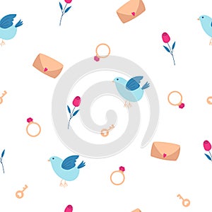 Illustration a seamless pattern with a blue bird, an envelope with a heart, ring, key, rose and hearts